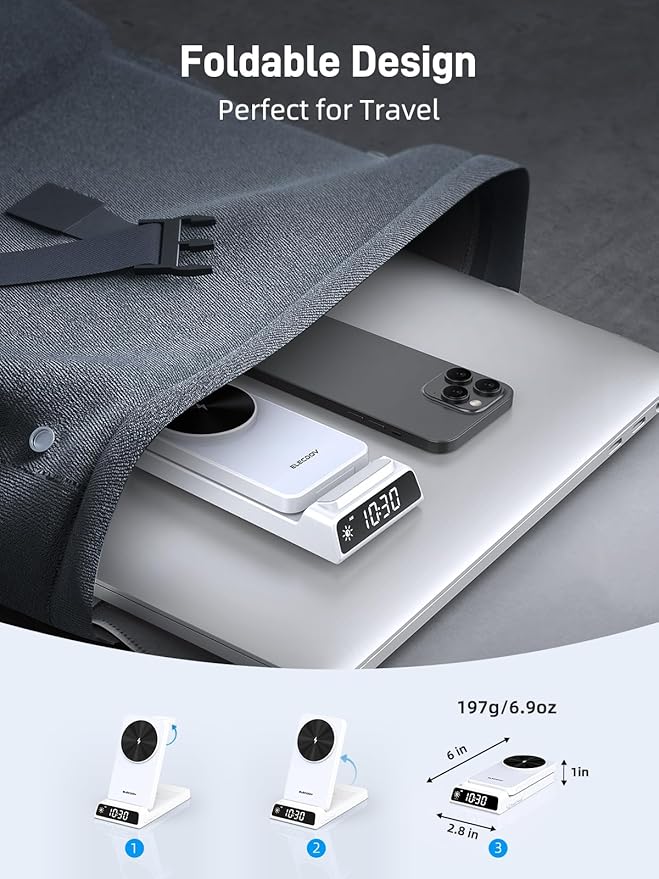 3 in 1 Charging Station for Apple, Magnetic Charger for iPhone, Foldable Wireless Charger with Clock, Travel Watch Charger Stand for iPhone 17/Air/16/15 Series, iWatch 10/AirPods 4 (White)