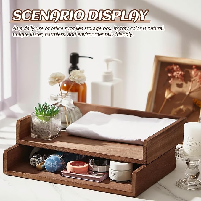 Yeaqee 4 Pcs Stackable Paper Organizer Tray Wood Desk Organizer Letter Tray Desktop Letter Size Office Wooden Desk Shelf Paper Holder Folder Organization Rack for Mail File Document(Dark Wood Color)