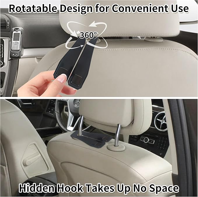 vidonio 2 PCS Car Seat Back Double Hooks - Leather Heavy Duty Hangers for Purse, Grocery Bags, Coats & More - 360° Rotatable, Easy Installation, Space-Saving Car Accessories for Rear Seat Storage