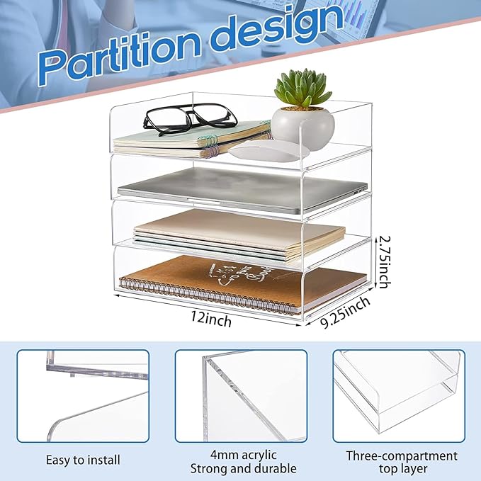 Harloon 4 Tier Paper Organizer Letter Tray Acrylic Desk File Organizer Stackable Documents Letter Clear Paper Holder Sorter Office Tray for A4, Modern Office Classroom Home File Pad Books Notes