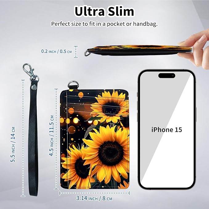 Slim Minimalist Front Pocket Wallet,Credit Card Holder Wallet for Women Men,RFID Blocking Credit Card Holder Case Leather Cute Small Thin Wallet ID Window&Wrist Strap,Glitter Sunflower