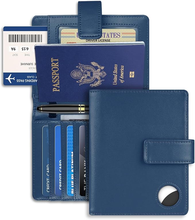 Passport Holder Wallet Cover Case for Women and Men,RFID Blocking,Passport Case with AirTag Slot,Travel Accessories (Navy Blue)