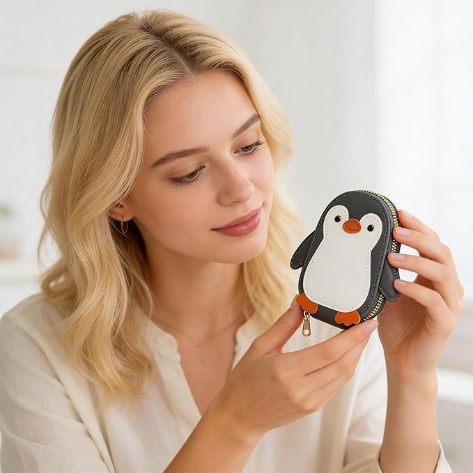 NovelCute Cartoon Penguin-shaped Coin Purse PU Leather Accordion Card Holder Large Capacity Zippered Money and Card Organizer Portable Mini Coin Purse Key Pouch(grey)