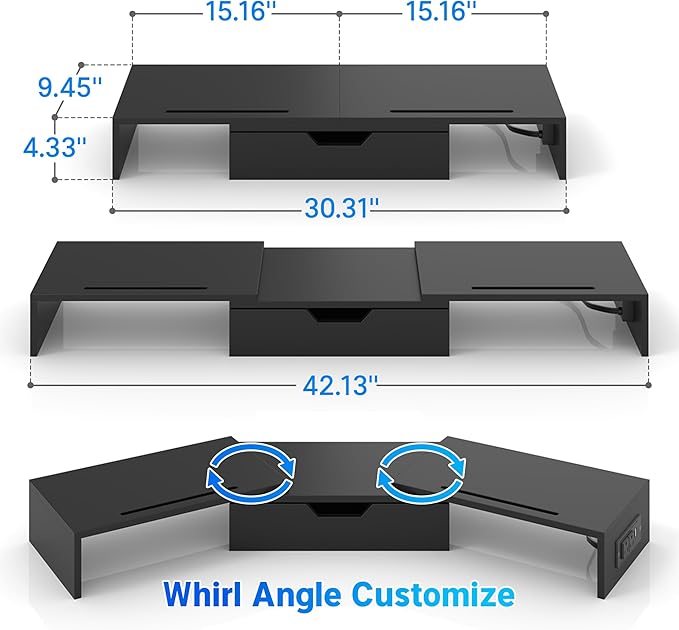 Elephance Dual Monitor Stand with USB Ports,Wood Computer Monitor Stand Riser with Drawer,Adjustable Desk Shelf,Desk Organizer for Computer,Laptop,No Assembly Required,Black