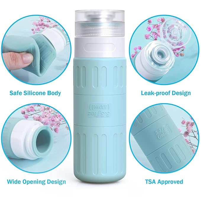 GLAMFIELDS Travel Bottles for Toiletries,TSA Approved 3.3oz Size LeakProof Silicone Toiletry Containers for Shampoo, Conditioner,Easy to Squeeze，Portable Travel Essentials for Lotion(18 Pack) Gray