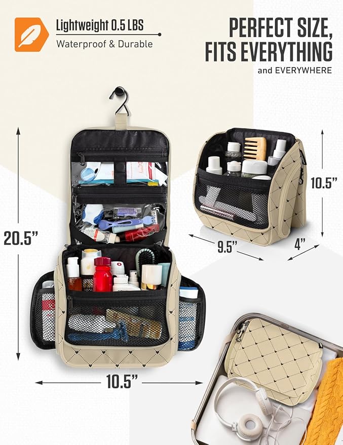 VENTURE 4TH Hanging Travel Toiletry Bag for Women & Men – Large Toiletry Organizer with 17 Compartments, Removable TSA Pouch, Travel Wash Bag for Toiletries, Makeup & Shaving Kit (Beige Diamonds)
