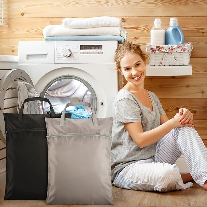 Oudain 2 Pcs Travel Laundry Bags Waterproof with Handle Dirty Clothes Bag for Traveling Hanging Laundry Hamper with Two Zippered Pockets Washable Reusable for Sports Home Travel College