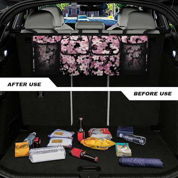 Cherry Blossom Car Organizer and Storage Seat Back Hanging Organizers Storage with 4 Pockets 3 Adjustable Straps Foldable Cargo Storage for SUV, Truck, MPV