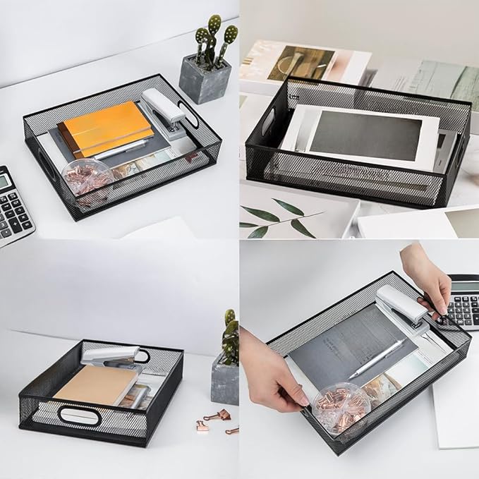 2 Pcs Heavy-Duty Metal Mesh Desk Organizer Tray, A4 Large Office Storage Box Set, 12.6X 9.1 x 2.8Inches, Large Capacity for Home and Office Supplies