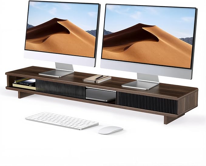 Dual Monitor Riser with Sliding Doors & Storage - 42.5" Extra Wide Dual Monitor Stand for Desk Organizer,Desk Shelf for Office & Gaming - Acrylic Wave Design,110 lbs Capacity,Walnut