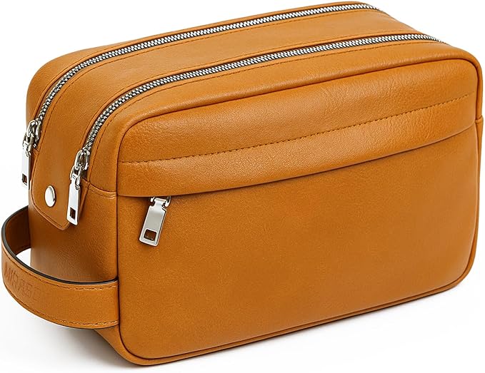 MIRASON Toiletry Bag for Men Leather Travel Toiletry Bag Dopp Kit with Metal Zippers, Water-Resistant Bathroom Bag for Travel Essentials Shaving Bag Gifts for Men, Brown
