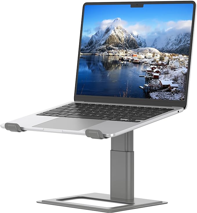 SOUNDANCE Adjustable Laptop Stand, Ergonomic Aluminum Riser for 10-17.3” Notebooks, Ventilated Metal Holder with Height Alignment for Desk Workspace, Grey