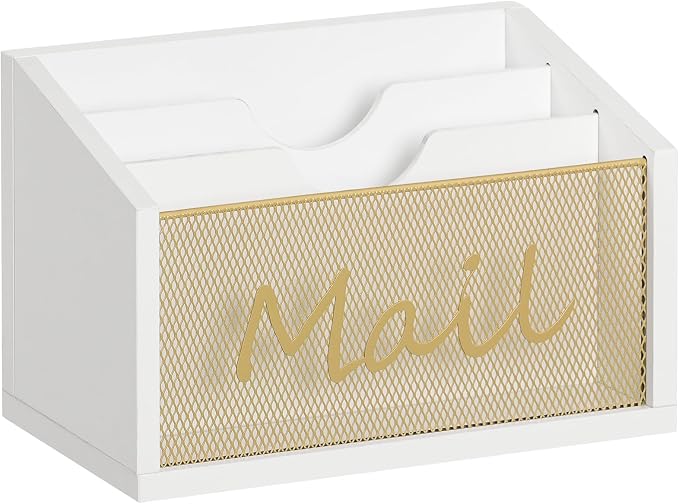 YATINEY Mail Organizer Countertop, Mail Holder with 3 Slots, Mail Sorter for Desk, Wooden Office Desk Organizer, Mail Organizer for Magazines, Files, Papers, Folders, White and Gold MR03DW