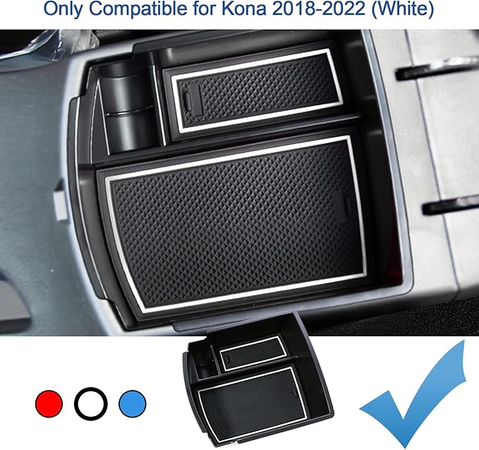 2018-2021 2022 2023 Kona Center Console Organizer for Hyundai Kona, Durable ABS Plastic&Anti-slip Rubber 2022 Kona Console Armrest Tray Insert 2023 Kona Accessories (White Mats)