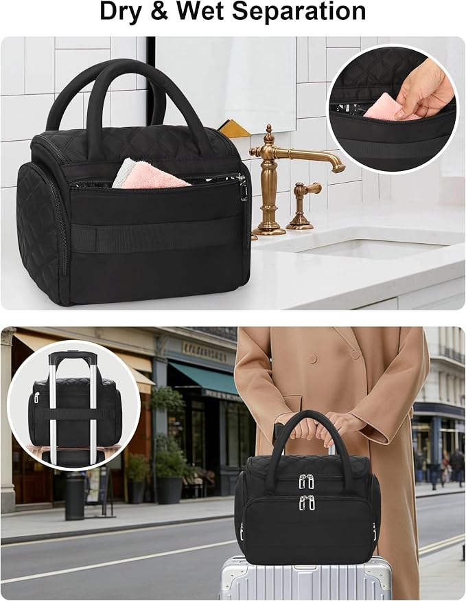 Travel Toiletry Bag for Women with Hanging Hook, Large Wide-open Travel Bag with 2 Removable Dividers, Puffy Makeup Bag Organizer with Compartments for Full Sized Container, Cosmetics, Toiletries