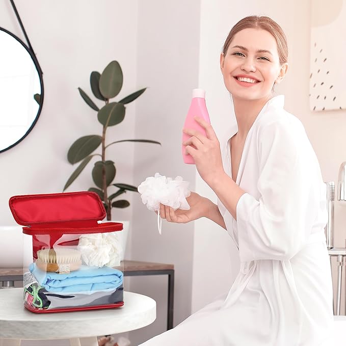 HAOGUAGUA Heavy Duty Leak Proof Clear Travel Bags for Toiletries, Transparent Makeup Cosmetic Bag with Zipper and Handle (1PCS RED, Large)