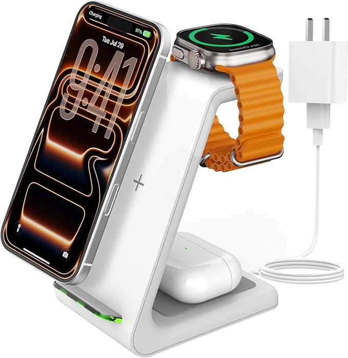 Charging Station for iPhone and Apple Watch: 3 in 1 Wireless Phone Charger Stand for iPhone 17 16 15 14 13 12 11 Pro Max & AirPods, Bedside Nightstand Docking