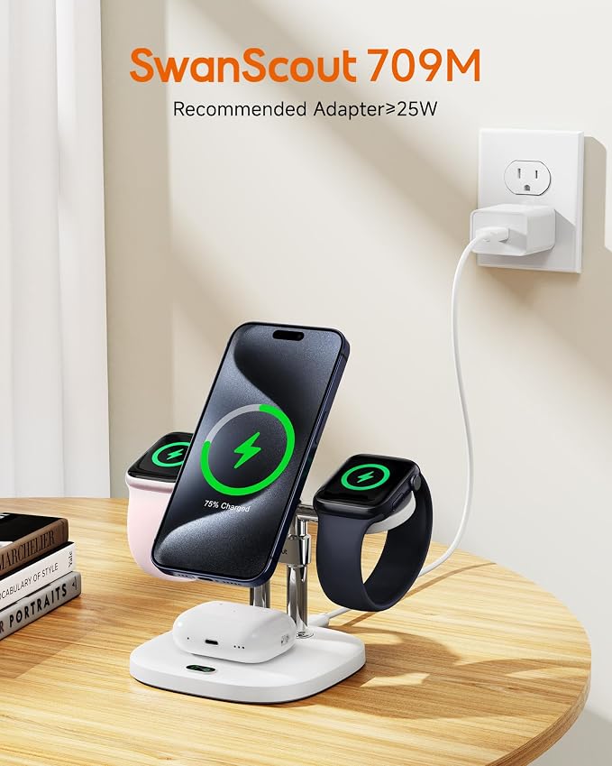 Dual Fast Charger for Apple Watch 11, Magnetic Wireless Charger Stand for iPhone Air/17 Pro Max/17 Pro/17/16/15/14, Charging Station for Apple Watch Ultra 3/SE 3/10/9/8/7/6, Airpods, SwanScout 709M