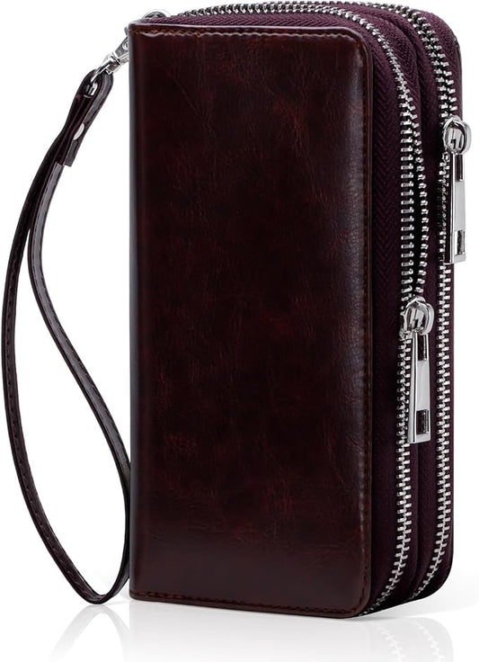 Cellphone Wallet for Women Dual Zipper Long Purse with Removable Wristlet