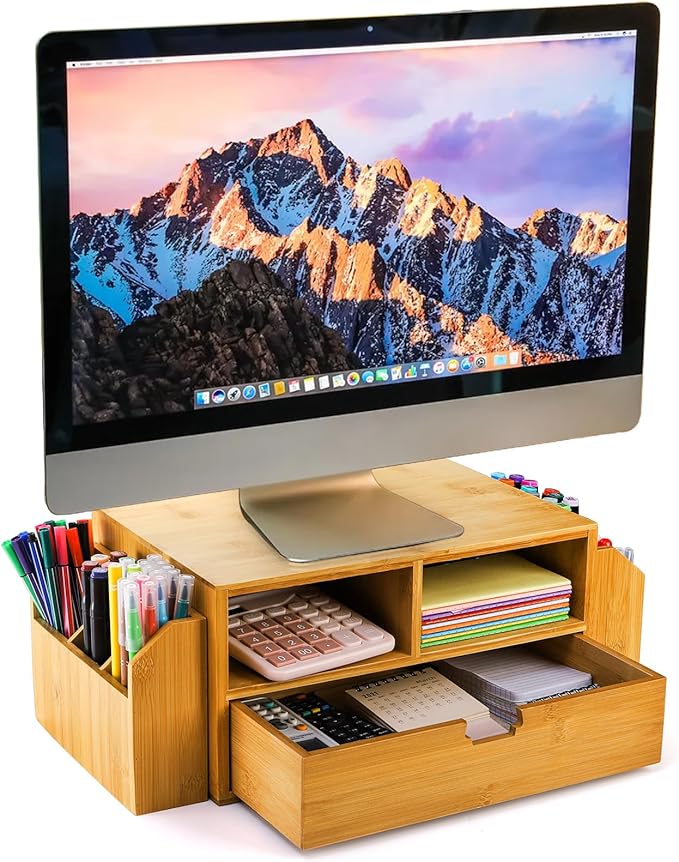 Hiceeden 2 Tier Bamboo Desktop Organizer, Desk Monitor Stand Riser with 1 Drawer and 2 Pen Holder, 2 Compartment Computer Desk Storage Organizer for Laptop, Printer