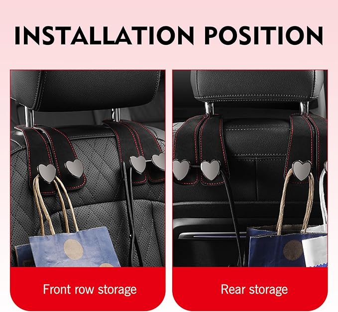2 PCS Car Seat Hooks, Suede Heart-Shaped Double Hooks Headrest Organizer, Heavy-Duty Multi-Functional Auto Back Seat Phone Holder, Universal for Most Cars (Black)