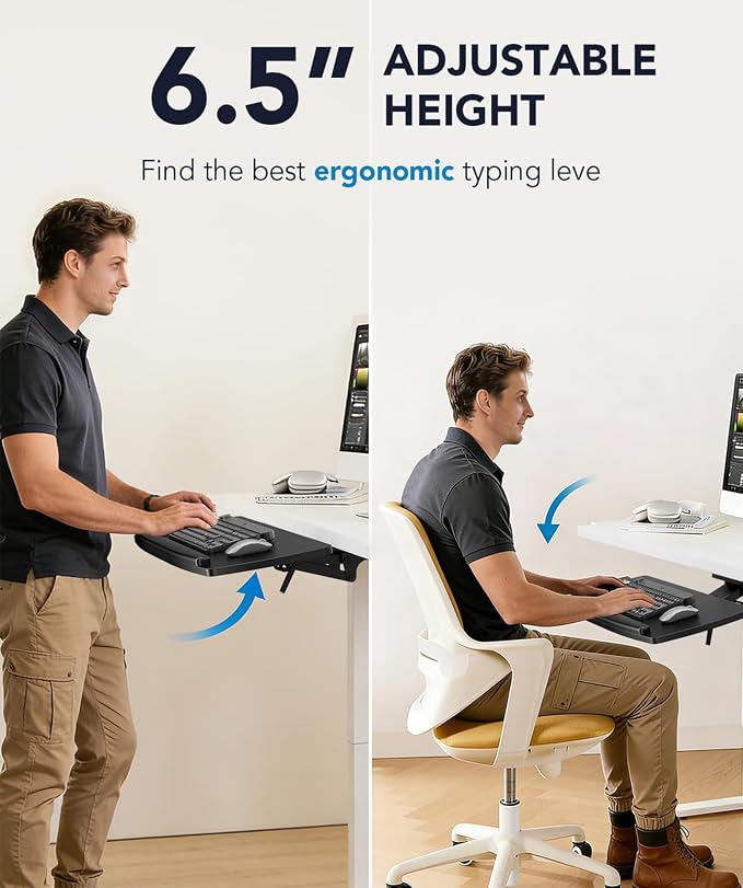 AX WABER Keyboard Tray Under Desk with Storage Drawer, Height Adjustable Keyboard Tray Slide Out 360° Swivel Tilt, Ergonomic Under Desk Mount Keyboard & Mouse Holder for Gaming Home Office, 28''x11''
