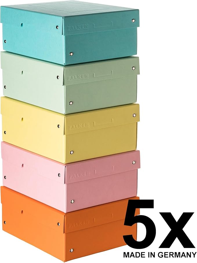 FALKEN Original PureBox Pastel Pack of 5 Made in Germany 100 mm High DIN A5 Assorted Colours Storage Box with Lid Made of Sturdy Cardboard Vegan Gift Box Transport Box All-Purpose Box