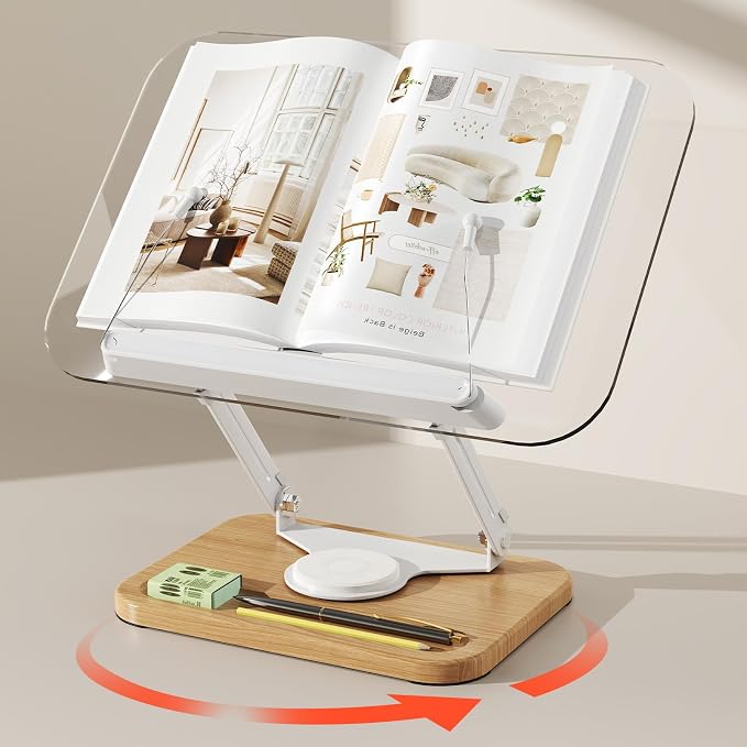 BYMECOST Acrylic Book Stand for Reading, 360°Rotating Book Holder with Pen Slot, Adjustable Height and Angle, Elastic Clips for Cookbook Stand, Foldable Desktop Riser for Laptop,Tablet,Recipe,Magazine