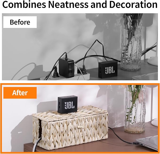 Coeusy Cable Management Box,Boho Decorative Handwoven 2 Open Slots Cord Organizer Hider Box with Lid for TV Wires, Computer, Router, USB Hub and Under Desk Power Strip