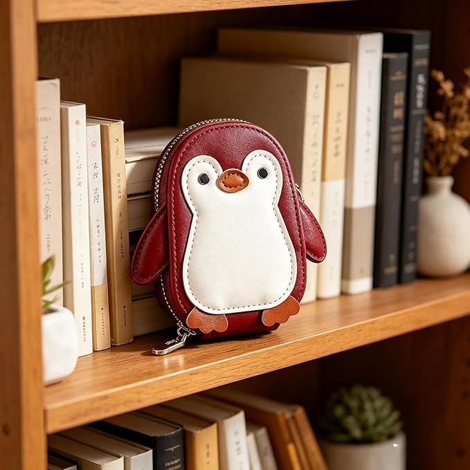 Cute Cartoon Penguin-shaped Coin Purse PU Leather Accordion Card Holder Large Capacity Zippered Money and Card Organizer Portable Mini Coin Purse (red)