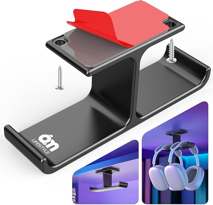 All Aluminum Headphone Stand Under Desk, Dual Headset Holder Hanger with Industrial-Strength Adhesive & Screw Mount, Gaming Desk Accessories, Under Table Earphone Hook for PC Headsets, Bags, Black
