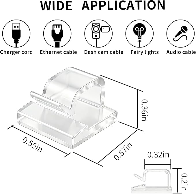 20 Pack Adhesive Cable Clips for Cord Management, Small Wire Holders for Desk Wall Car, Strong Sticky Cable Organizer for Phone Charger, USB, TV, Ethernet & More (20, Clear)