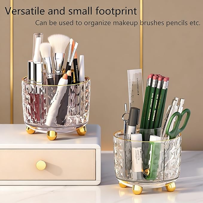 360° Rotating Pencil Holder for Desk, Makeup Brush Holder with 6 Slots, Desk Organizer for Writing Utensil, Office and School Supplies (Transparent)