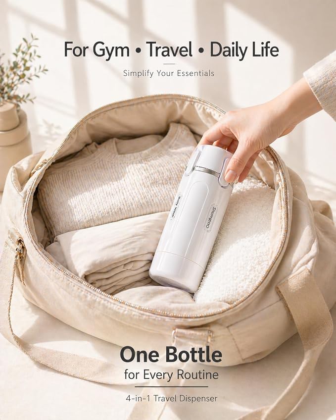 4 in 1 Travel Dispenser Bottle, TSA Approved Leak Proof Refillable Toiletry Containers for Shampoo, Conditioner, Lotion & Skincare – Easy Clean Travel Bottles for Gym, Business