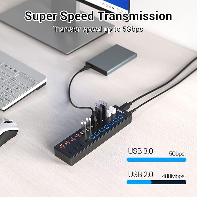JESWO 11-Port USB 3.0 Splitter (7 Data Transfer Ports + 4 Smart Charging Ports), Powered USB Hub with Individual LED On/Off Switches and 12V/3A Power Adapter