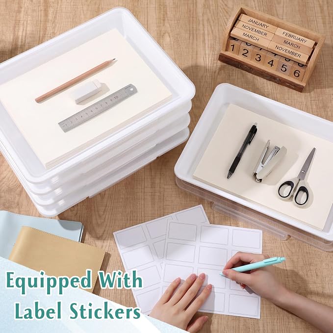 Tinlade 12 Pcs Classroom Paper Storage Bins with Clear Latching Lid, Label Stackable Letter Size Flat Tray Container for Teacher Back to School Supplies Home Office Desk Arts Crafts (White,13x10in)