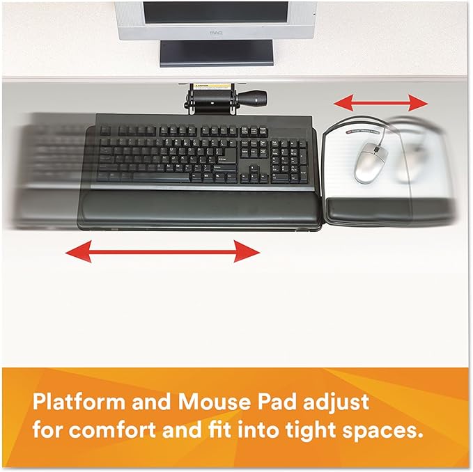 3M Keyboard Tray with Adjustable Keyboard and Mouse Platforms, Turn Knob to Adjust Height and Tilt, Swivels and Stores Under Desk, Gel Wrist Rest and Precise Mouse Pad, 17.75" Track, Black (AKT80LE)