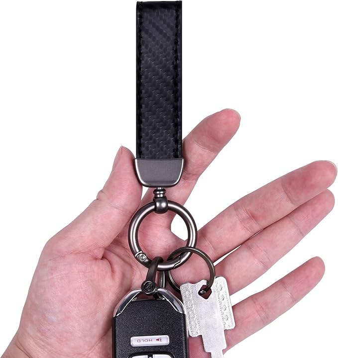 Wisdompro Carbon Fiber Style Car Keychain, Microfiber Leather Key Chain, Universal Key FOB Keychain Holder for Men and Women, with Anti-lost D-ring, 3 Keyrings - Black (with flat connector)