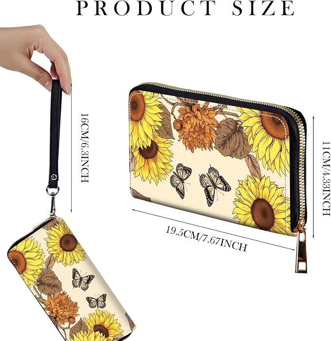 Zip Around Wallets for Women with Detachable Wrist Strap, Large Capacity RFID Blocking Leather Purse Organizer Card Holder Wristlet,Vintage Butterfly Sunflower