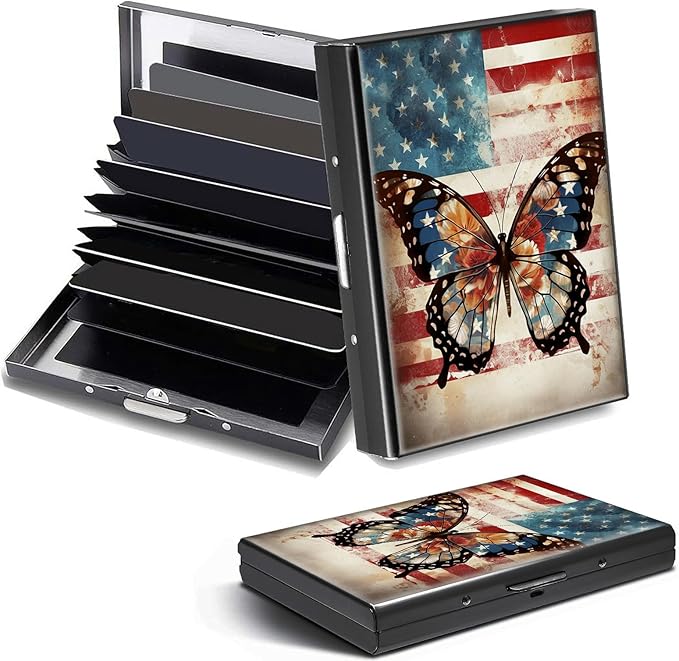 Credit Card Holder, American Flag Butterfly Design Mini RFID Blocking Aluminum Wallet Slim Metal Hard Case Shell Travel Wallet ID Case Small Credit Cards Case Business Cards for Women Men
