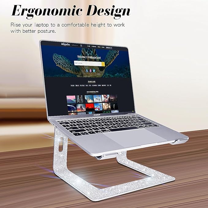 Bling Aluminum Laptop Stand,Glitter Ergonomicic Computer Stand for Desk with Sparkle Rhinestones,Detachable Notebook Riser Compatible with Air, Pro, Dell, HP, 10-15.6" Laptops (Silver)