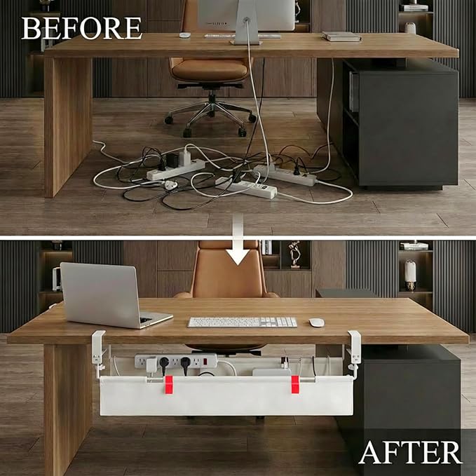 [Upgraded] Under Desk Cable Management, 36" Cord Organizer, with Silicone Pads (No Scratch!), 16 Cable Ties, Washable PE Honeycomb Base,Fits Any Desk 0-2.1", No Stinky Cardboard! Beige