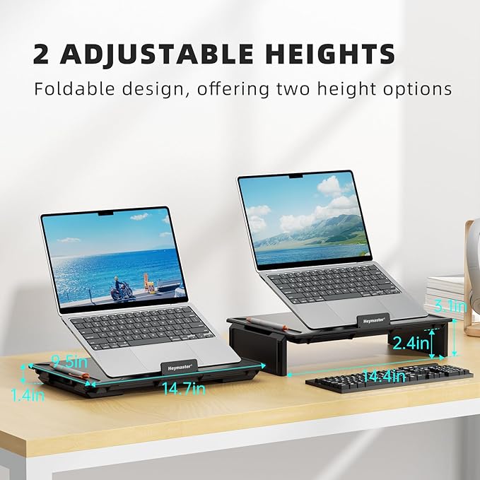 Heymaster Ergonomic Monitor Stand Riser, Laptop Stand Foldable Muti-Angle Adjustable Portable Foldable Stand with Heat-Vent Compatible with MacBook, Air, Pro, Surface Laptop (9-17 inches) (Black)