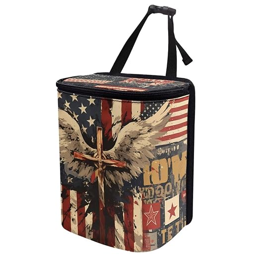 Biyejit American Flag Cross Car Trash Can with Lid - Leakproof Trash Bin Car Garbage Can, Collapsible Automotive Truck Organizer Storage Bag Cars Accessories for Women Men Road Trip Essentials