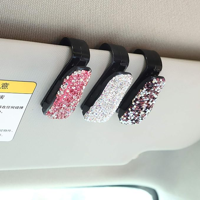 Glasses Holders for Car Sun Visor, 2 Pack Bling Crystal Rhinestones Fashion Car Eyeglasses Sunglasses Hanger Mount with Ticket Card Clip for Women Girls (Purple)
