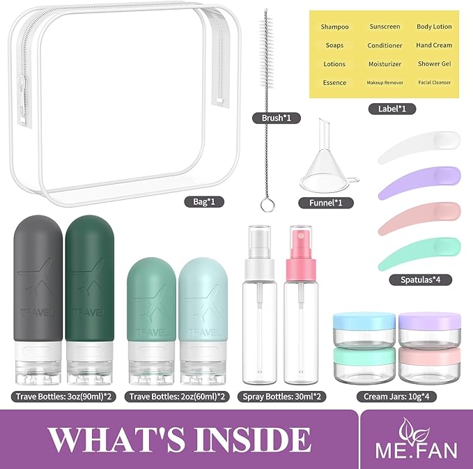 ME.FAN 18 Pack Travel Bottles for Toiletries, TSA Approved Travel Size Containers Set, Silicone Squeezable Portable Split Bottle, Travel Accessories for Conditioner, Shampoo, Lotion - Blue