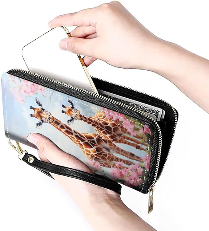 Women's Large Capacity Wallet PU Leather Zip Around Clutch Purse Multifunctional Wallet with Removable Wristlet Strap for Smart Phone/Coin/Card/Cash, Giraffe