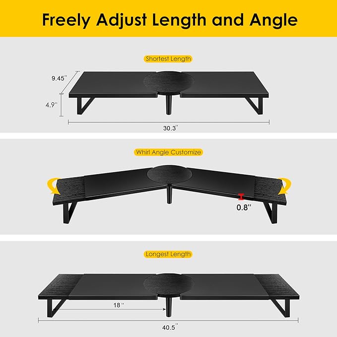 Dual-Monitor Stand for Desk - Large Adjustable Length and Angle Riser for 2 Monitors, Double Computer Desktop Organizer, Shelf for TV, Laptop, Printer