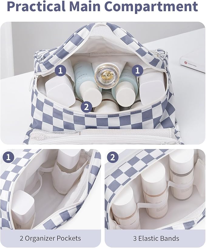 Narwey Small Hanging Travel Toiletry Bag for Traveling Women, Checkered Travel Bag for Toiletries, Makeup Bag Organizer Make Up Cosmetic Bags, Gifts for Kids Teen Girls (Grayish Blue Checkerboard)