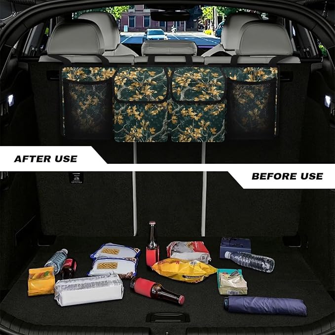 Green Branch Leaves Trunk Organizer For Car, Suv, Truck Adjustable Multi Pocket Collapsible Car Trunk Organizer Backseat Cargo Storage Bag With Securing Straps
